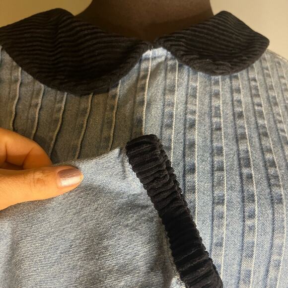 Vtg 90s Denim Velvet Collar Pleated Midi Ankle Dress Size 14P Boho Feminine - Picture 6 of 7